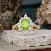 1.5CT Oval Cut 4 Prong Peridot Classic Side Stone Engagement Ring Unique Halo Bridal Ring